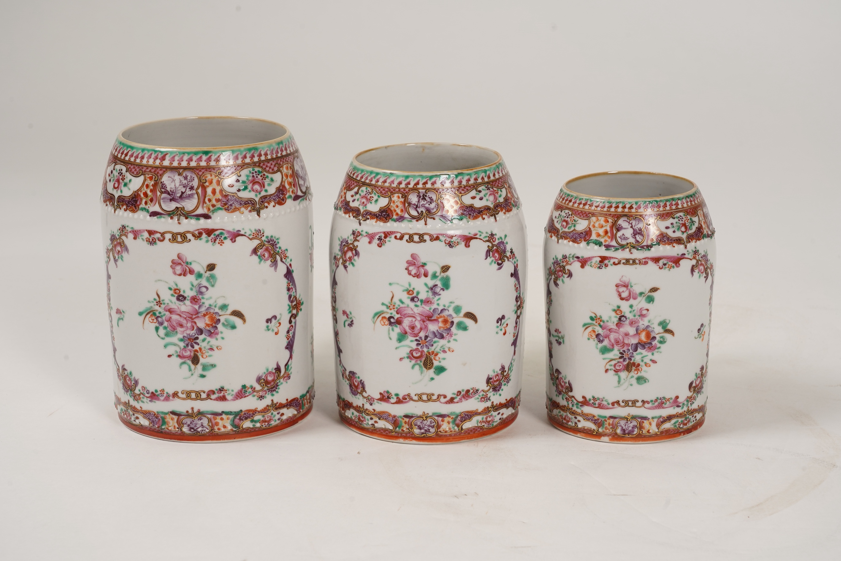 A graduated set of three Chinese export famille rose mugs, Qianlong period